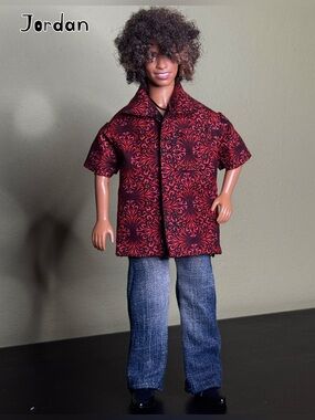 Crimson damask swirl print doll shirt lined in black